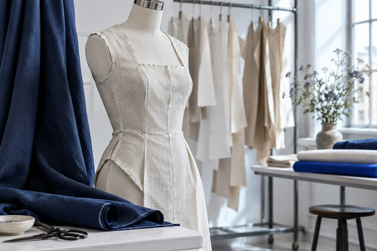 Maniquí con una muestra de lino en un taller