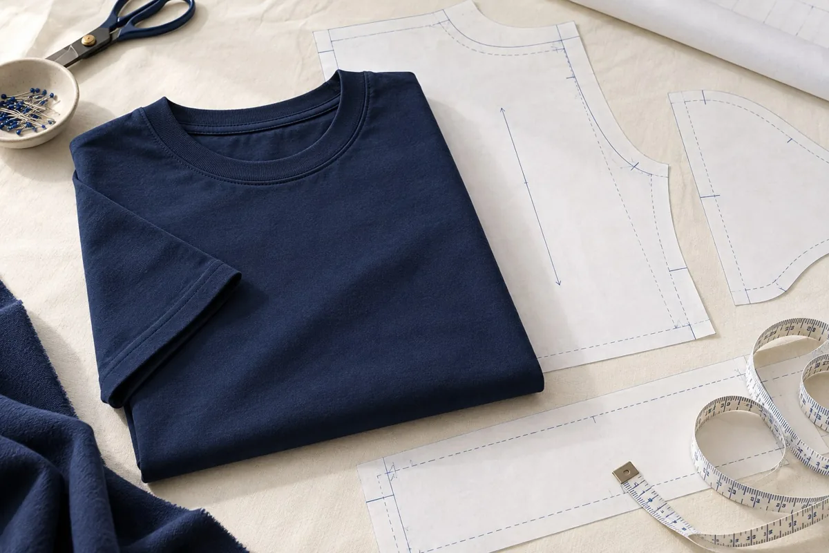 Remera azul y moldes de papel sobre una mesa
